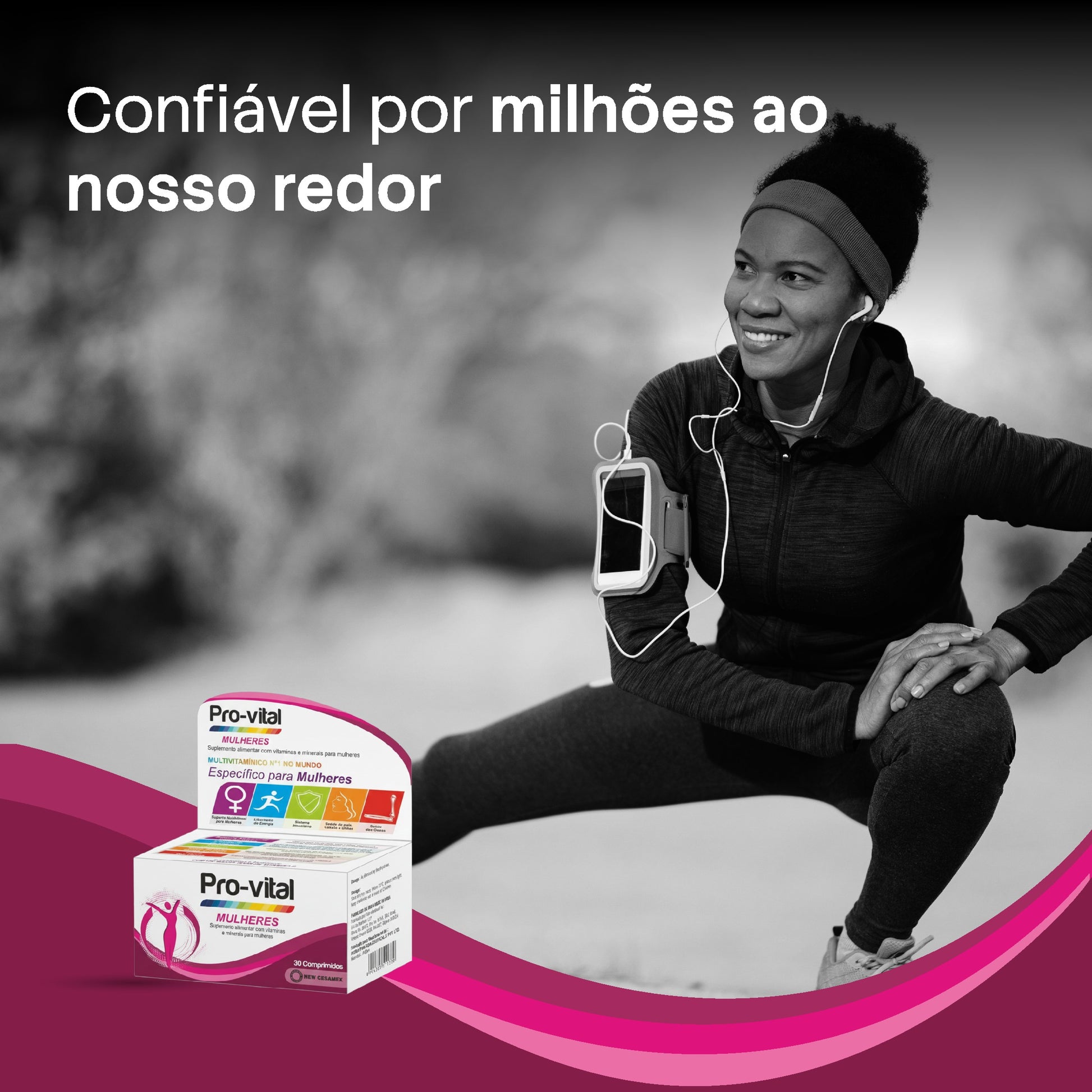 Mulher ativa a exercitar-se ao ar livre com embalagem Pro-Vital, destacando confiança e energia diária.
