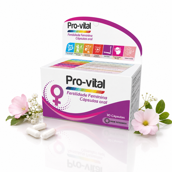 Caixa de suplemento Pro-vital Fertilidade Feminina de 30 cápsulas orais, acompanhada por três cápsulas soltas e flores cor-de-rosa decorativas num fundo branco.