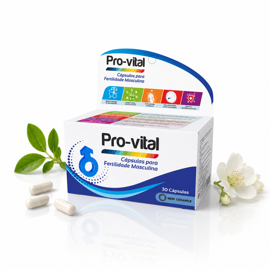 Caixa de suplemento Pro-vital Fertilidade Masculina de 30 cápsulas, apresentada com três cápsulas e uma flor branca decorativa sobre uma superfície brilhante.