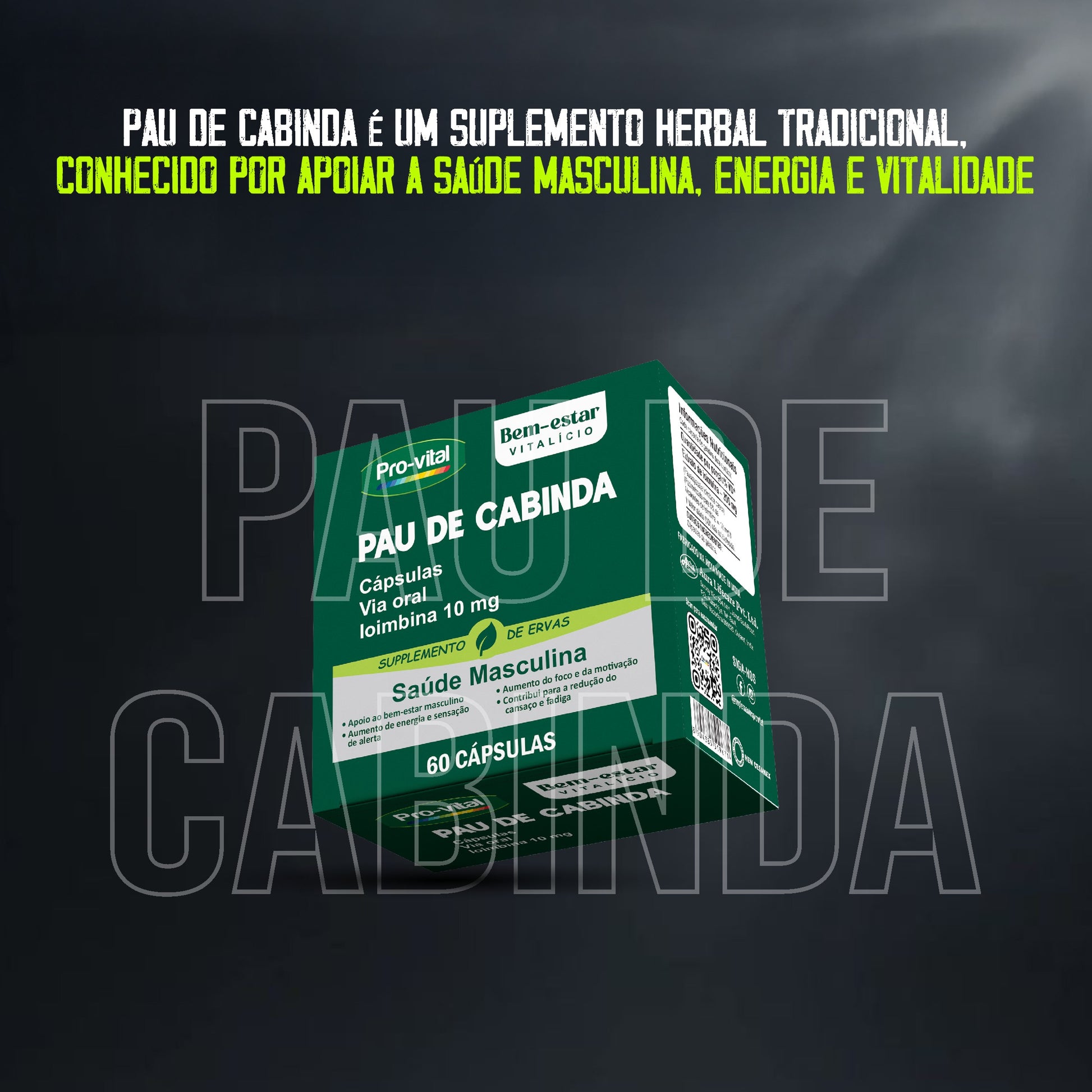 Pau de Cabinda Pro-Vital, um suplemento herbal tradicional conhecido por apoiar a energia, vitalidade e o bem-estar masculino natural.