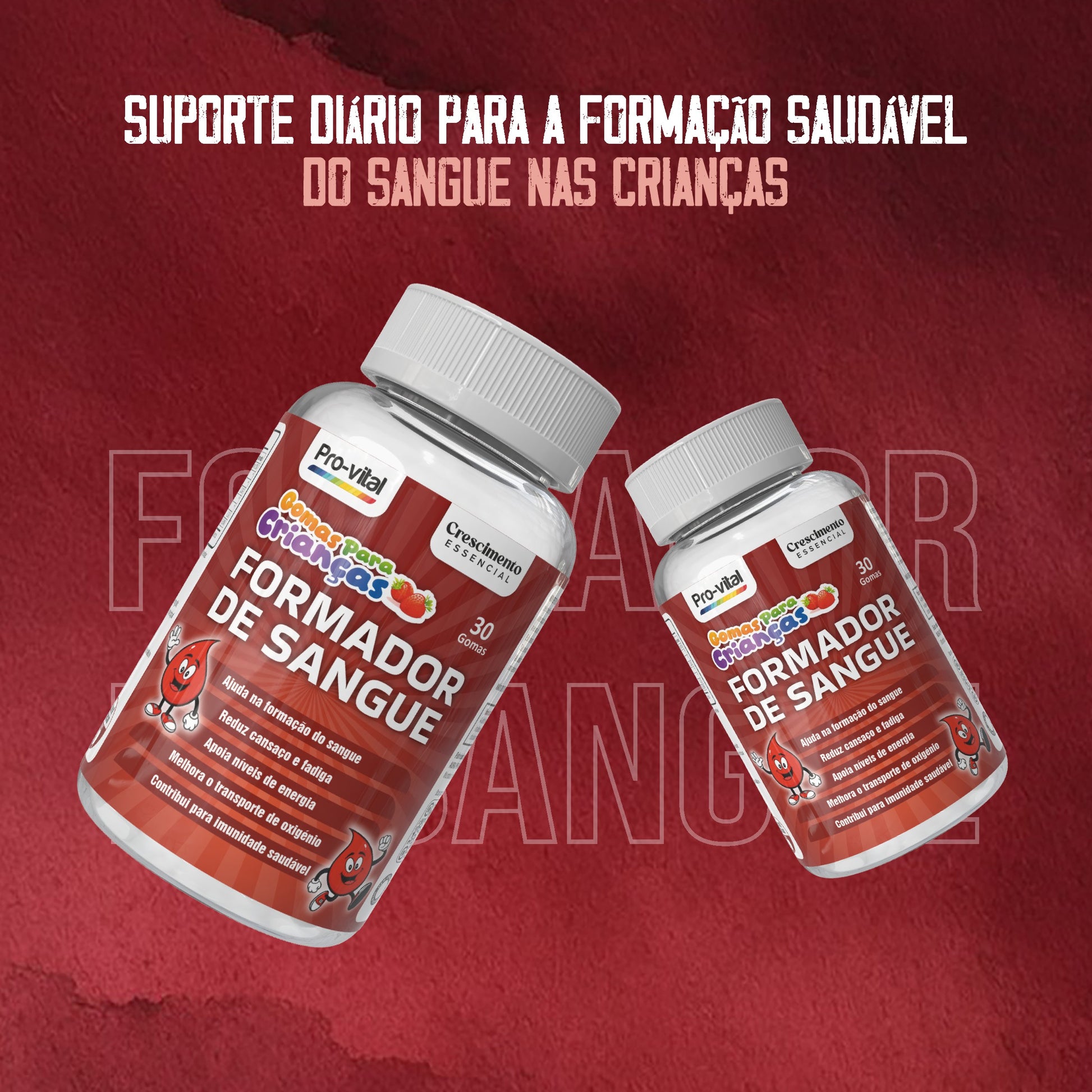 Frascos de Formador de Sangue Pro-Vital fornecendo suporte diário para a formação saudável do sangue nas crianças.