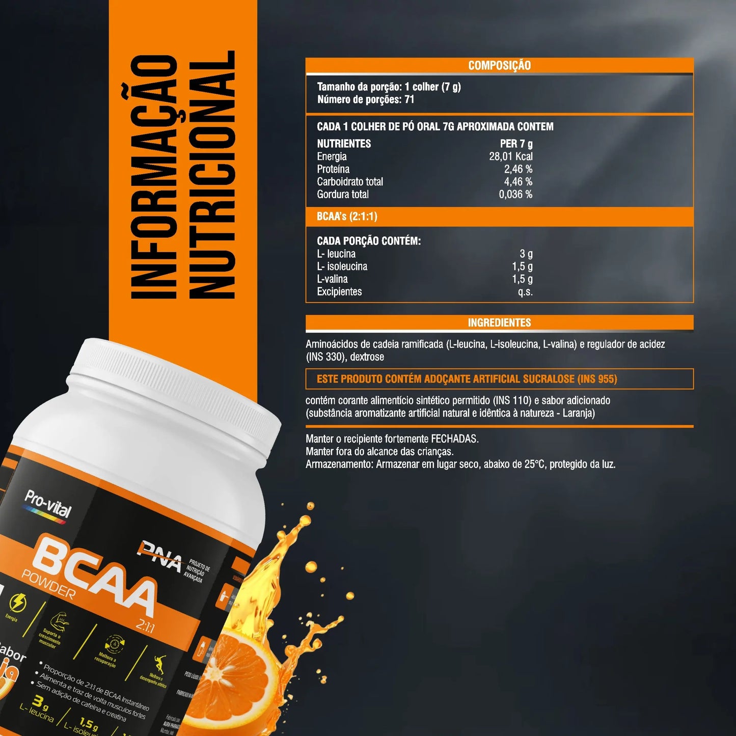 Tabela nutricional do BCAA Pro-Vital sabor Laranja mostrando proporção 2:1:1 de Leucina, Isoleucina e Valina.
