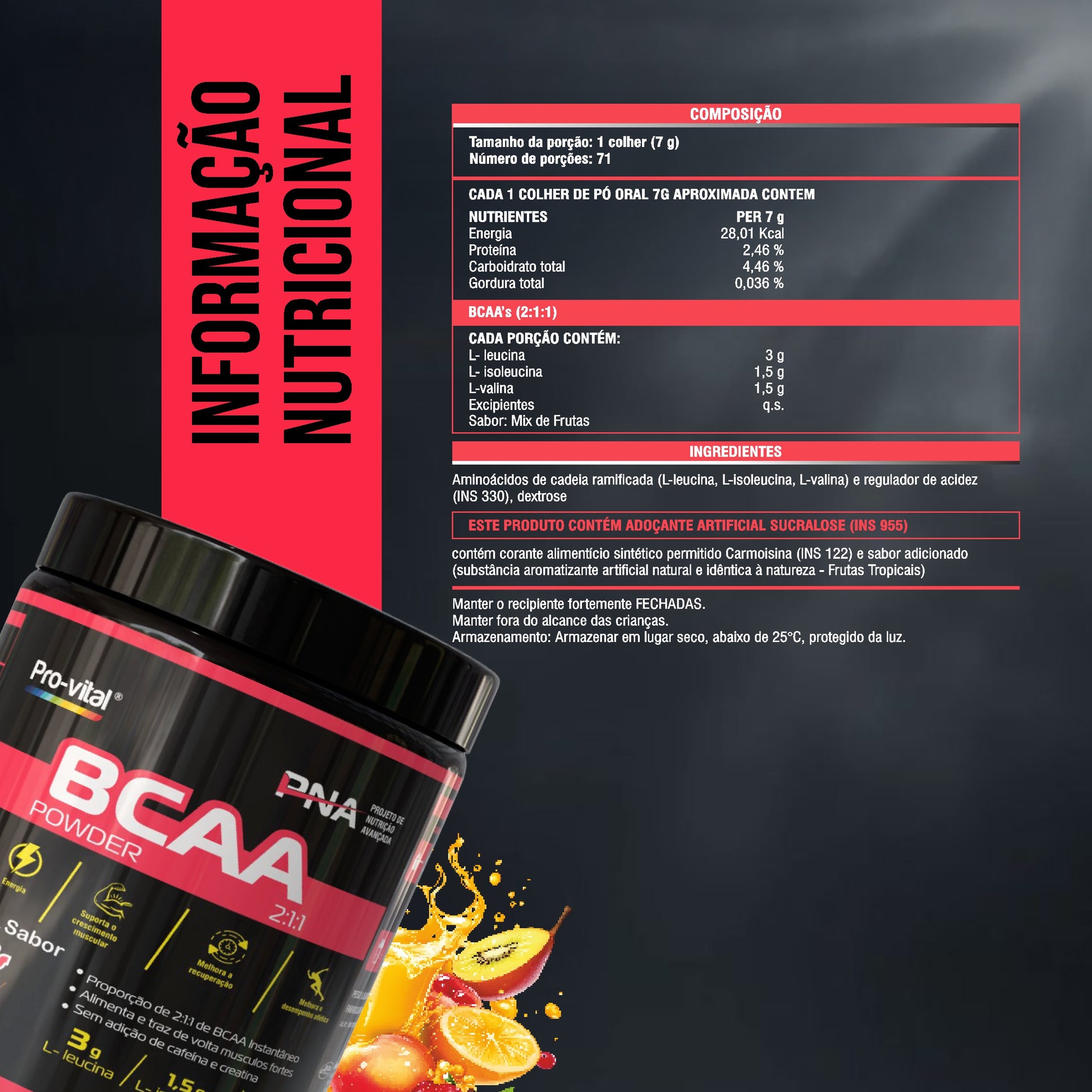 Tabela nutricional do BCAA Pro-Vital Powder mostrando composição de L-Leucina, L-Isoleucina e L-Valina por porção de 7g.