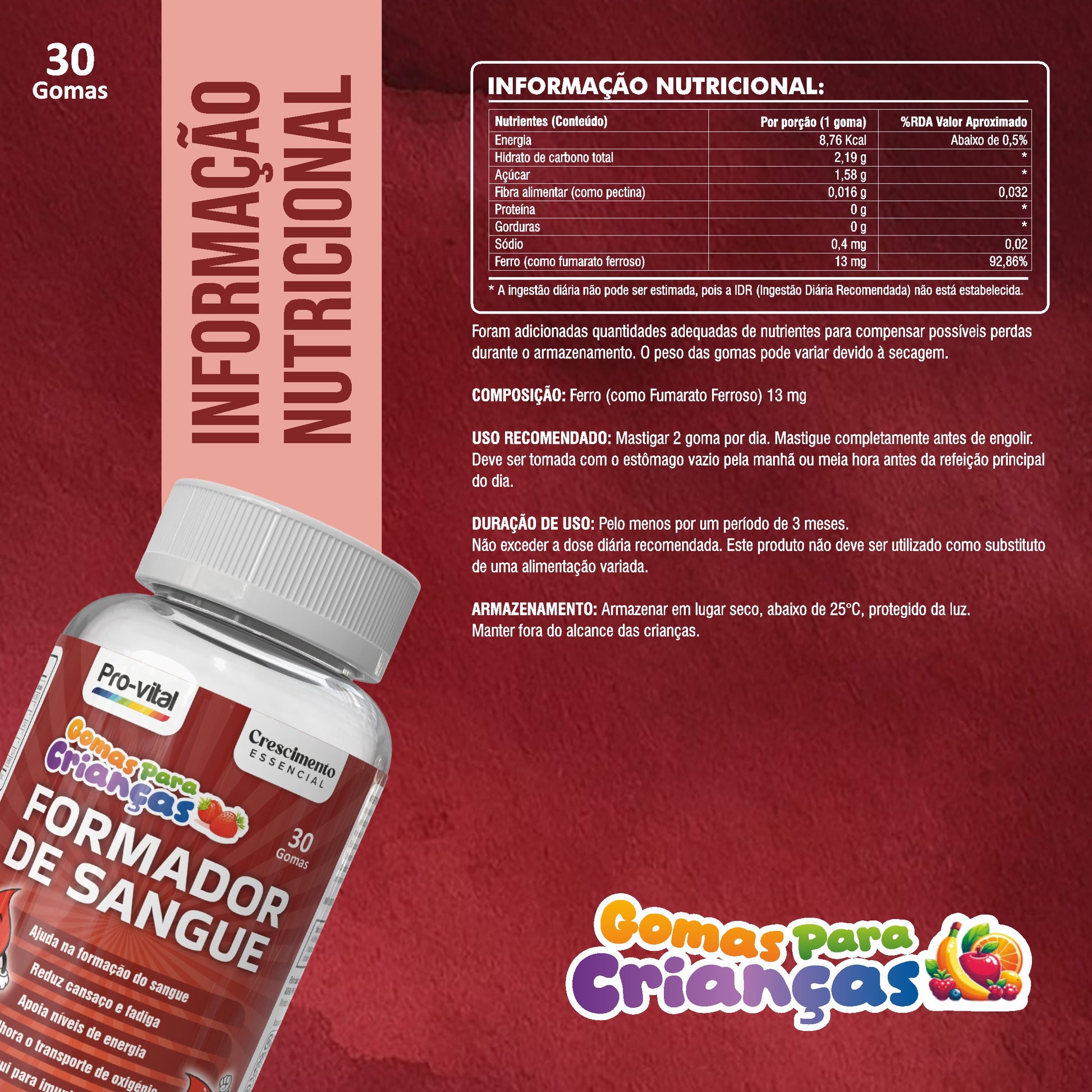 Tabela nutricional do Formador de Sangue detalhando 13mg de ferro (fumarato ferroso) por porção, cobrindo 92,86% da IDR.