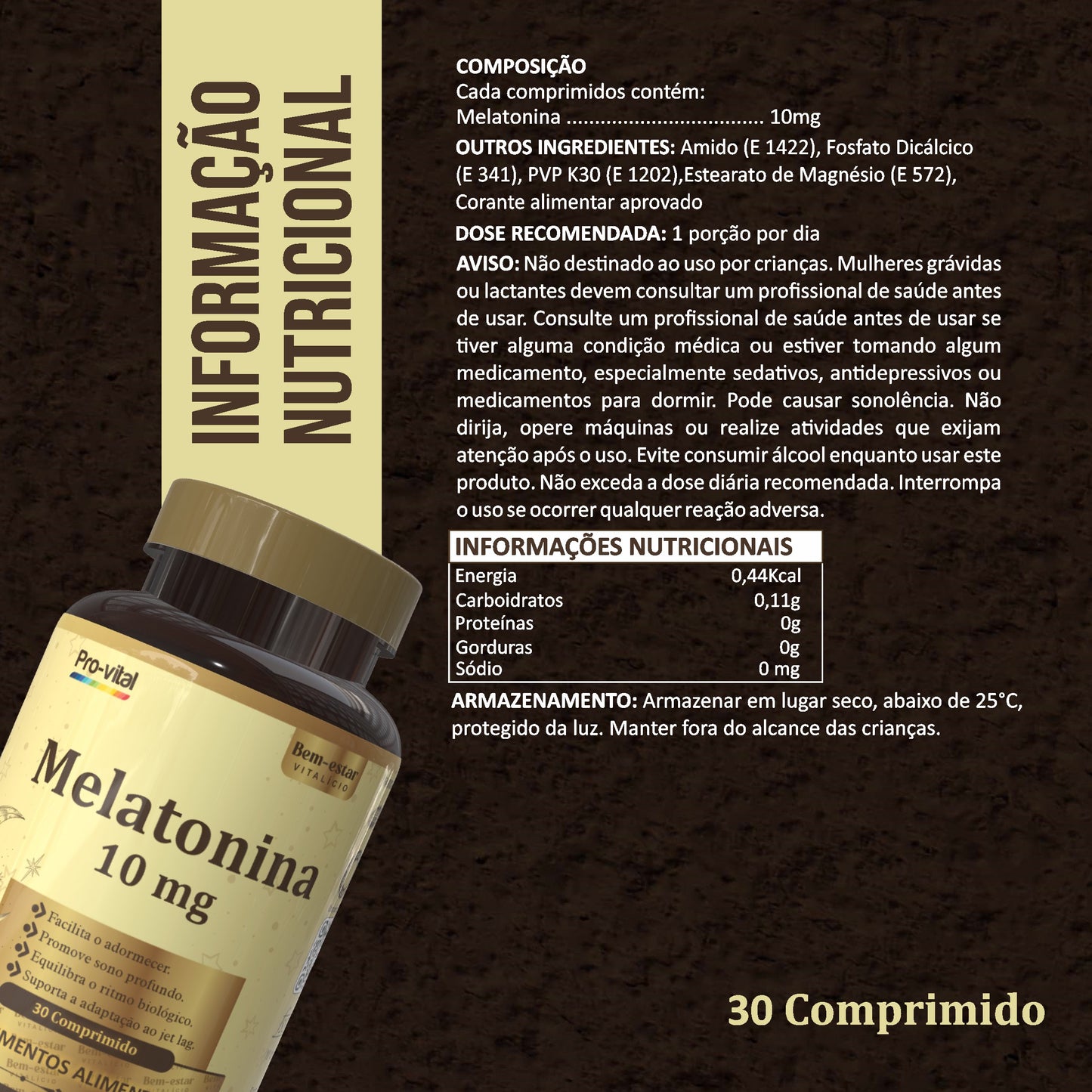Melatonina 10mg Pro-vital em comprimidos, suplemento para facilitar o adormecer e promover um sono profundo e reparador.