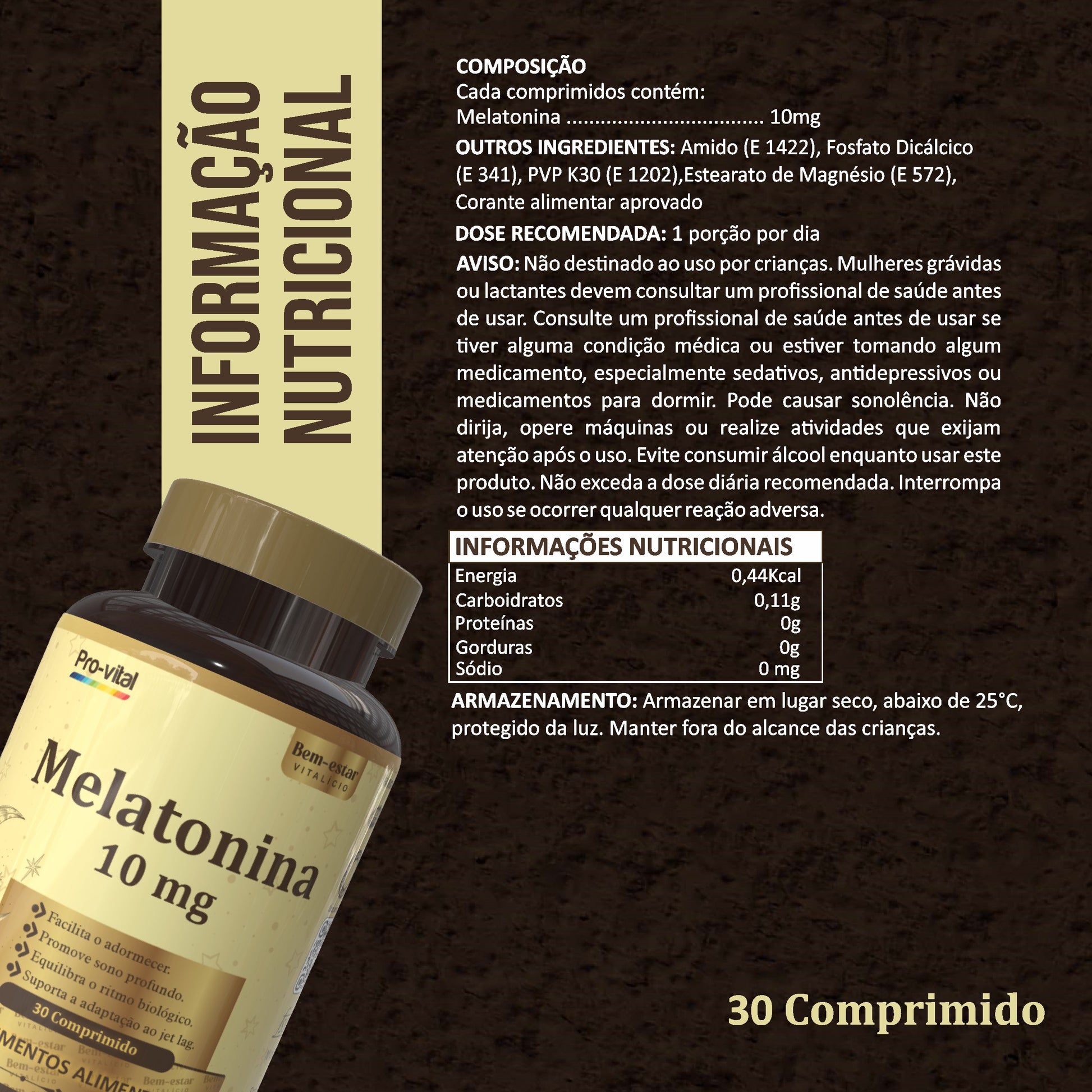 Melatonina 10mg Pro-vital em comprimidos, suplemento para facilitar o adormecer e promover um sono profundo e reparador.