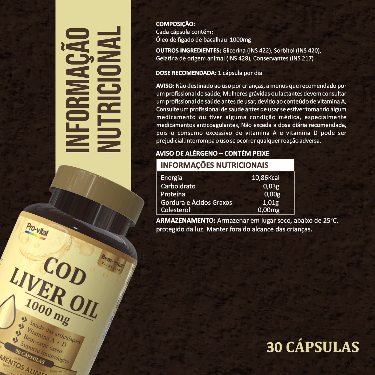 Informação nutricional do Cod Liver Oil Pro-vital, detalhando a dose de 1000mg por cápsula, lípidos e ácidos graxos essenciais.