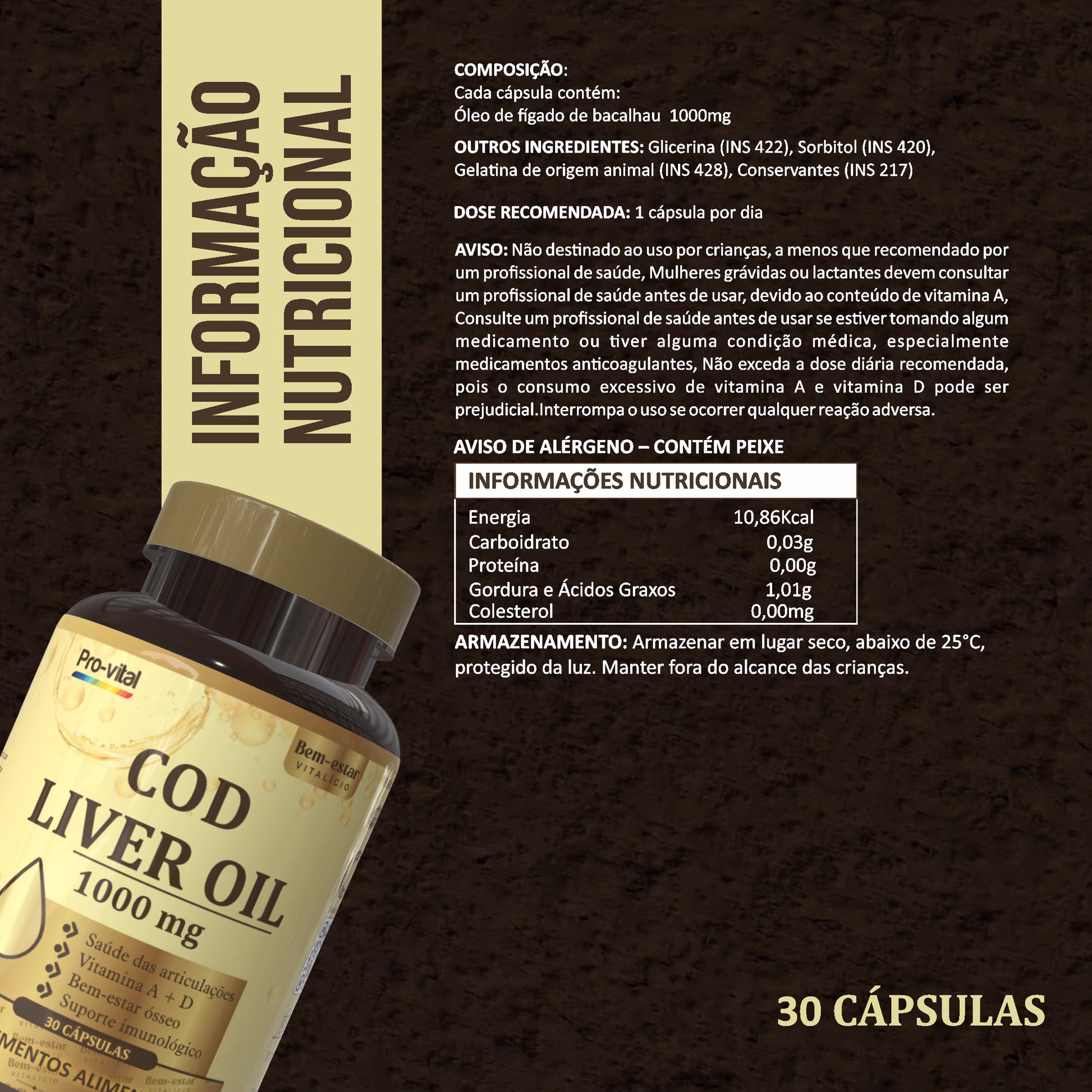 Informação nutricional do Cod Liver Oil Pro-vital, detalhando a dose de 1000mg por cápsula, lípidos e ácidos graxos essenciais.