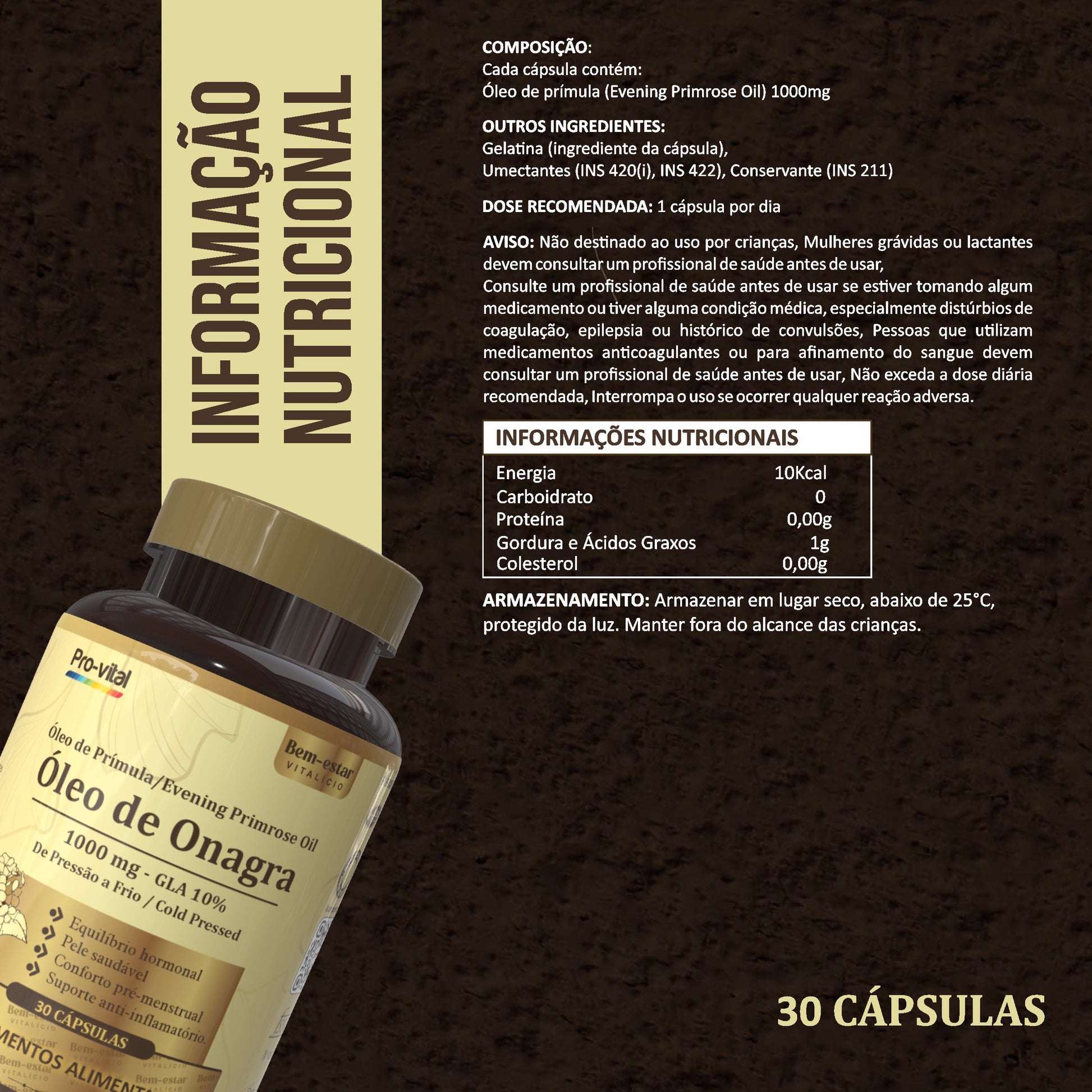 Tabela nutricional do Óleo de Onagra Pro-vital, indicando 1000mg de óleo de prímula por cápsula e orientações de toma diária.