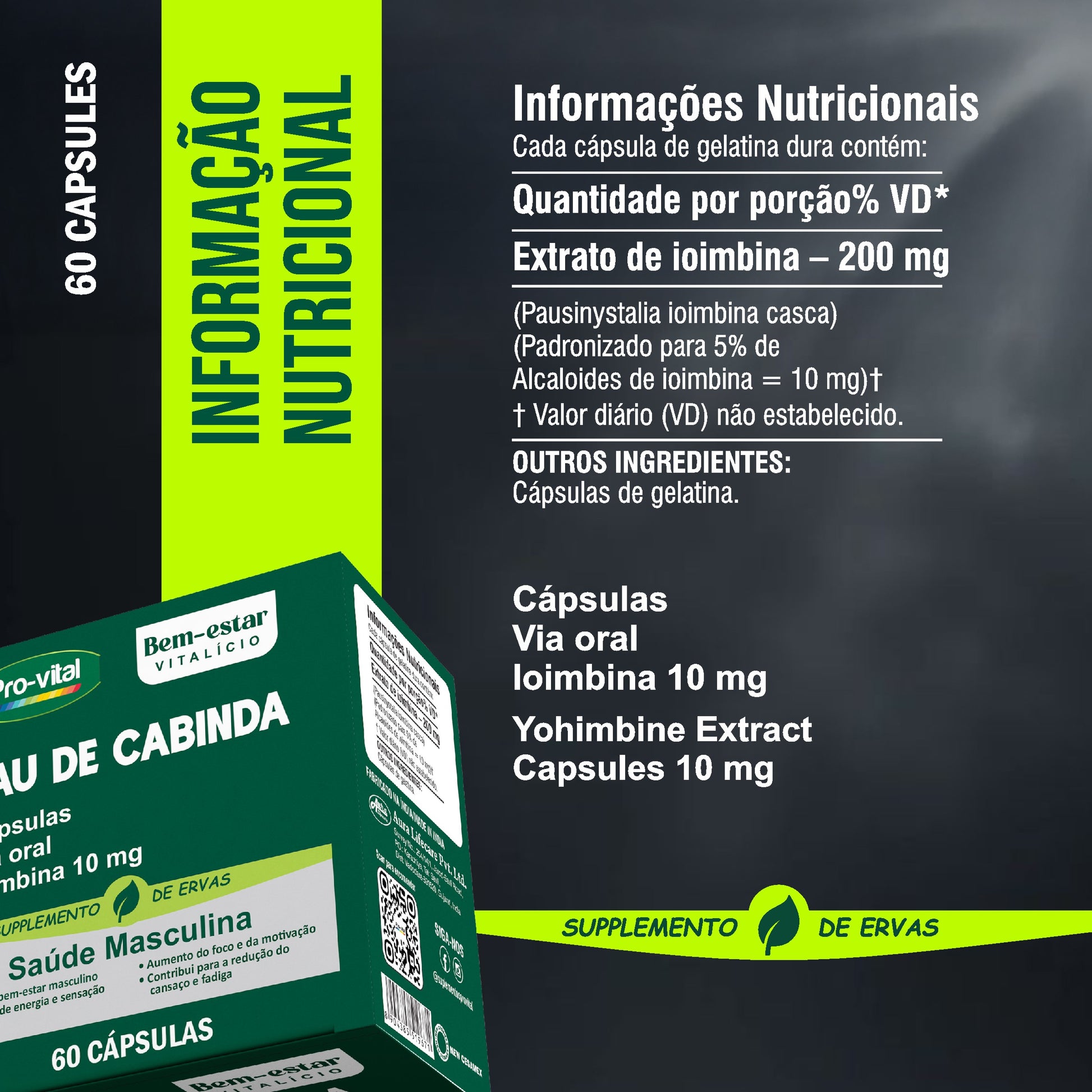 Informação nutricional do Pau de Cabinda Pro-Vital detalhando 200mg de extrato de ioimbina padronizado para 5% de alcaloides por cápsula.
