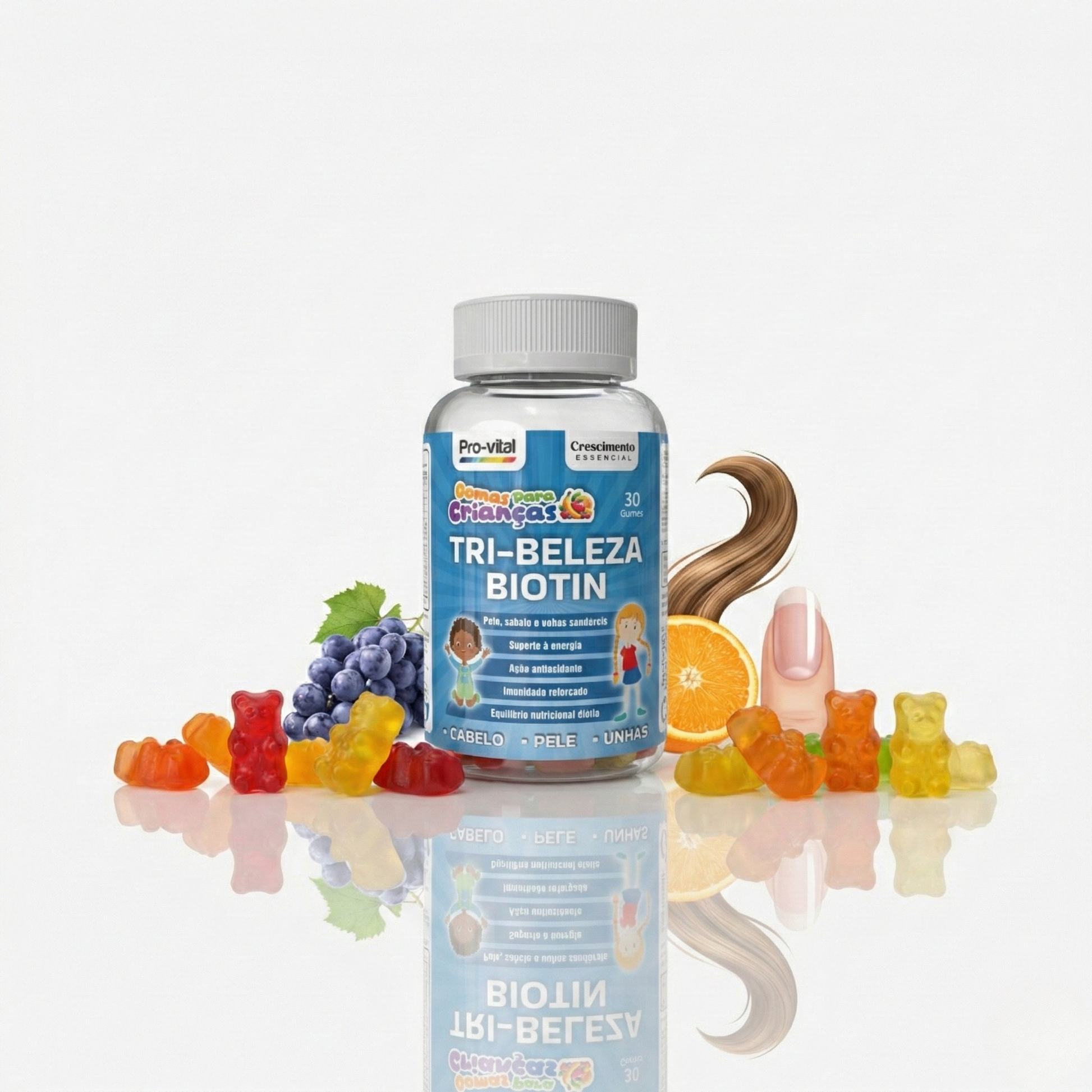 Apresentação premium das gomas de Biotina Tri-Beleza Pro-Vital com frutas e elementos de beleza; nutrição completa e fácil para o dia a dia.