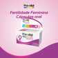 Caixa de comprimidos Pro-vital Fertilidade Feminina centralizada sobre um fundo gradiente rosa e roxo com a indicação de 30 cápsulas.