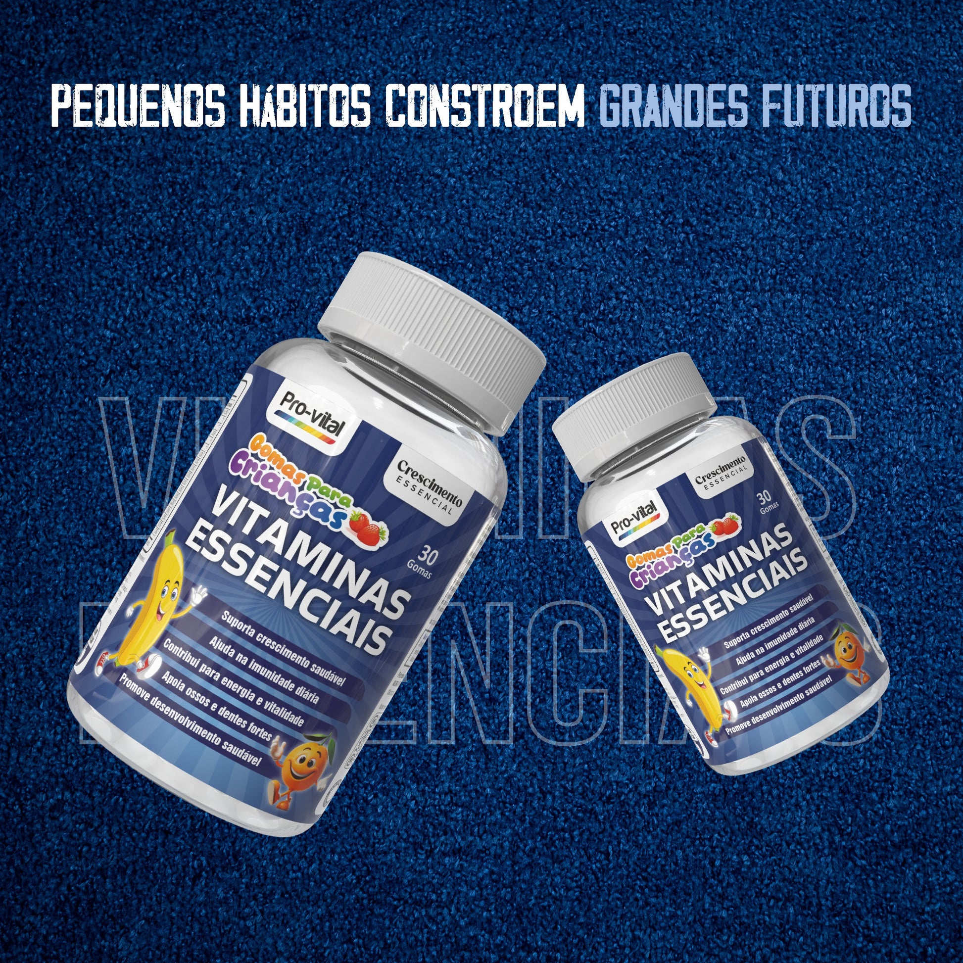 Suplemento Vitaminas Essenciais Pro-Vital incentivando pequenos hábitos saudáveis para o desenvolvimento diário e energia das crianças.