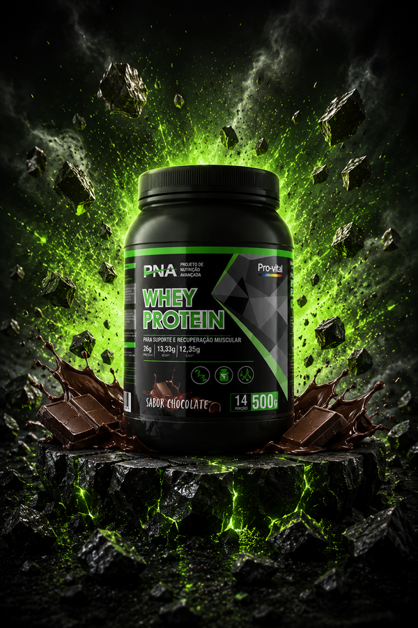 Proteína Whey Protein sabor chocolate para recuperação muscular com explosão verde e pedaços de chocolate.