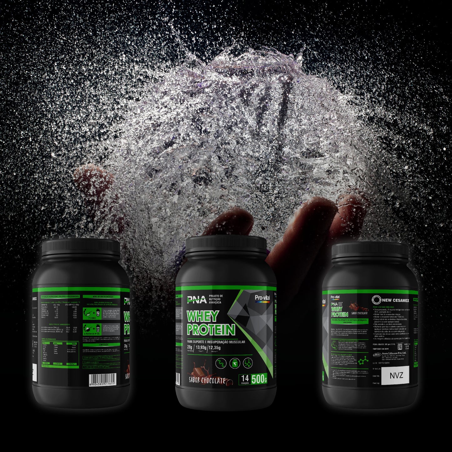 Demonstração da alta solubilidade e textura do Whey Protein Pro-Vital sabor chocolate, ideal para misturar com água ou leite.