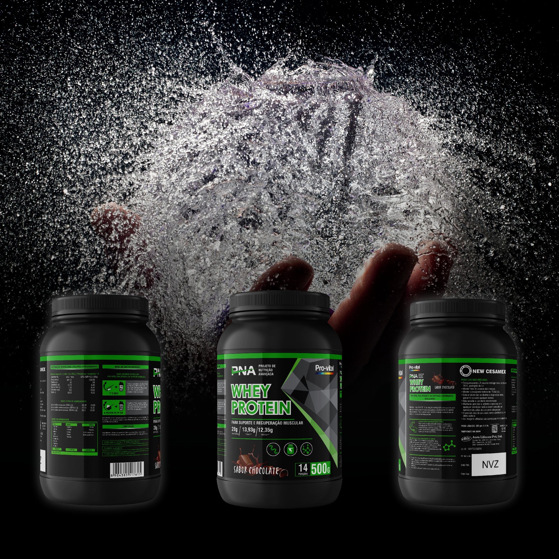 Demonstração da alta solubilidade e textura do Whey Protein Pro-Vital sabor chocolate, ideal para misturar com água ou leite.