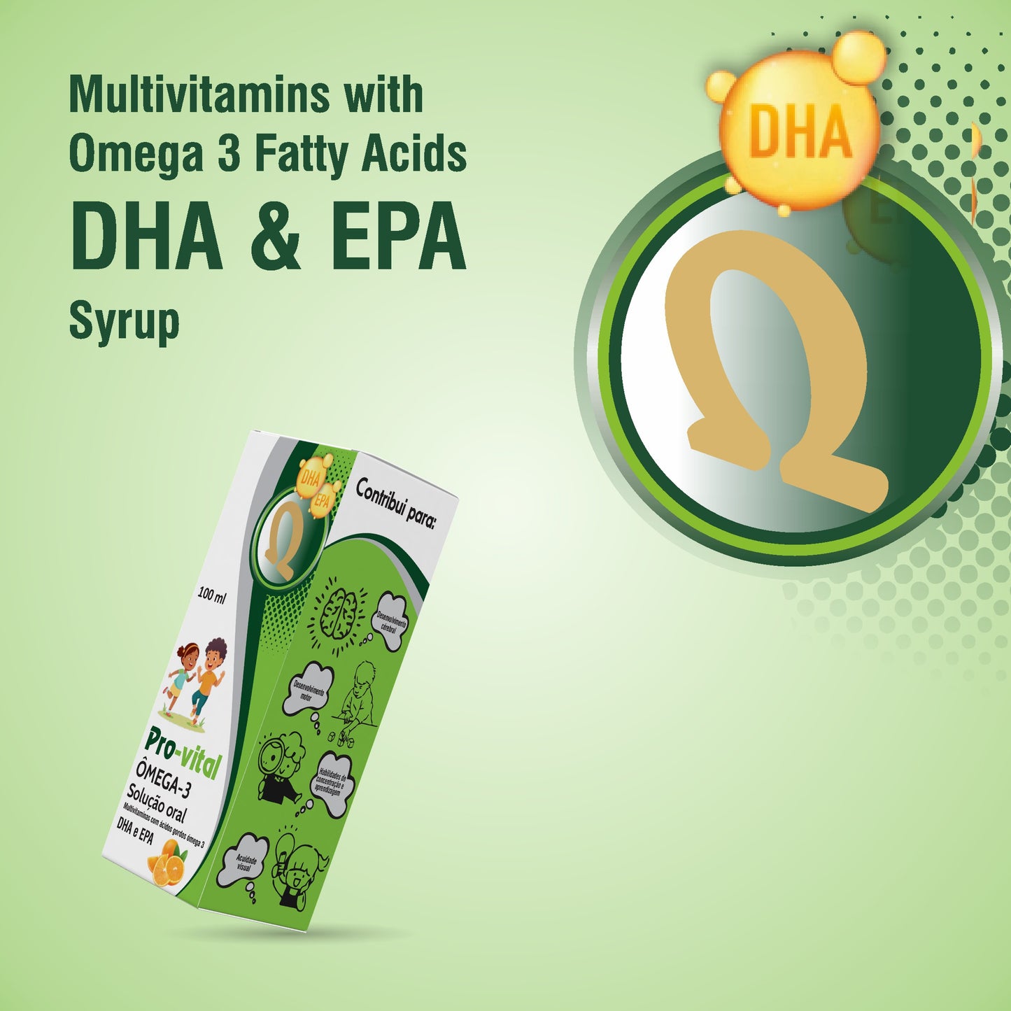 Embalagem de Xarope Pro-Vital Omega-3 rico em DHA e EPA para o desenvolvimento saudável.