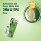 Xarope multivitamínico rico em ácidos gordos Ómega-3 DHA e EPA para apoio ao desenvolvimento cognitivo.